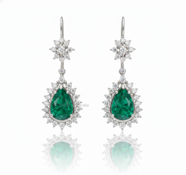 2.70 Carat Pear-Shaped Natural Emerald Tear Drop Earrings with Diamond Halo Dangle Earrings