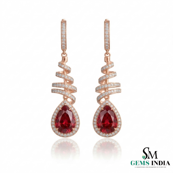 Teardrop Ruby Dangle Earrings with Diamond Spiral Design - Ruby Jewelry for Women