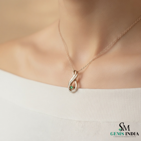 Round Natural Emerald Infinity Diamond Halo Pendant - Infinity pendant for women