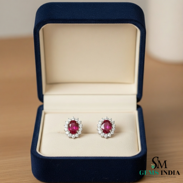 Vintage style Oval cut Natural Ruby Diamond Stud Earrings Gift for Her