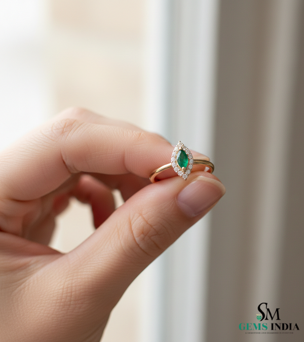 Marquise Cut Green Emerald Halo Ring with Diamond Accents – Vintage Style Fine Jewelry