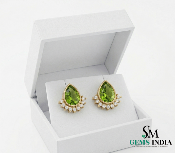 Pear Cut Peridot Stud Earrings with Diamond Halo - Elegant Gold Jewelry