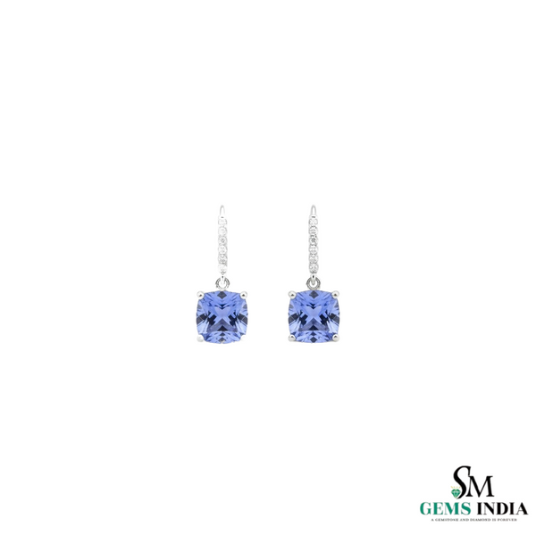 Elegant Cushion Cut Tanzanite Diamond Dangle Earrings in 18K Gold