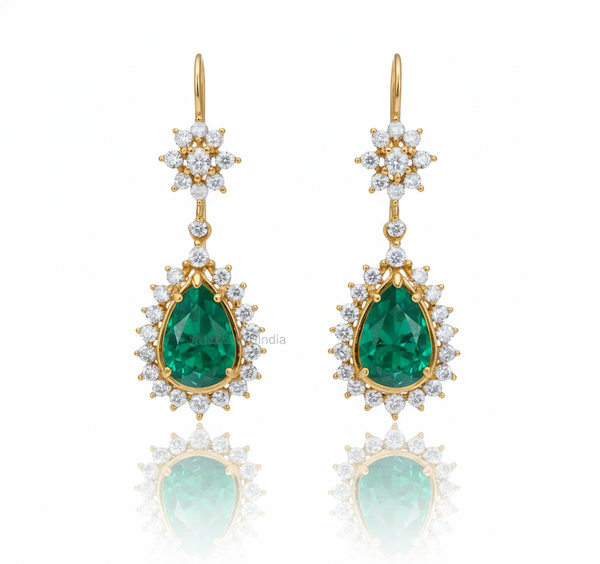 2.70 Carat Pear-Shaped Natural Emerald Tear Drop Earrings with Diamond Halo Dangle Earrings