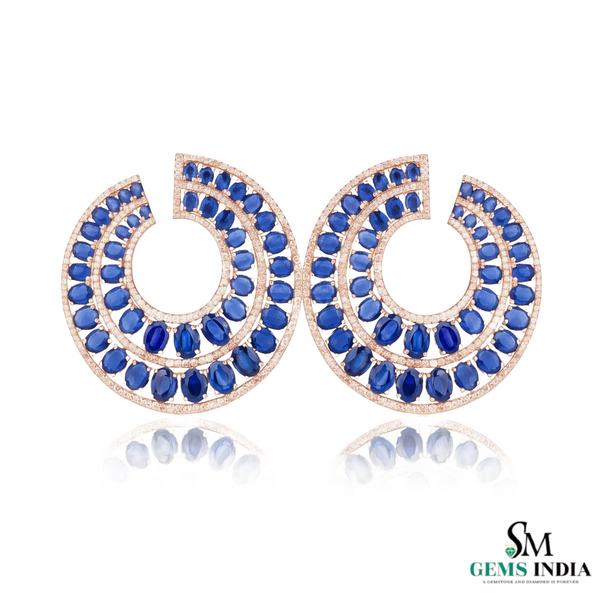 Oval Cut Blue Tanzanite & Diamond Crescent Hoop Earrings in 18k Gold