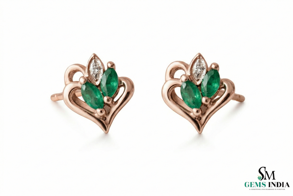 Marquise Emerald Heart Shaped Gold Stud Earrings