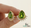 Pear Cut Peridot Stud Earrings with Diamond Halo - Elegant Gold Jewelry