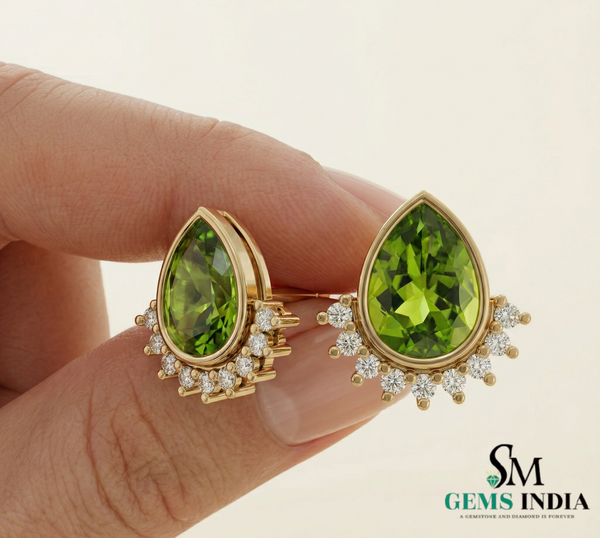 Pear Cut Peridot Stud Earrings with Diamond Halo - Elegant Gold Jewelry