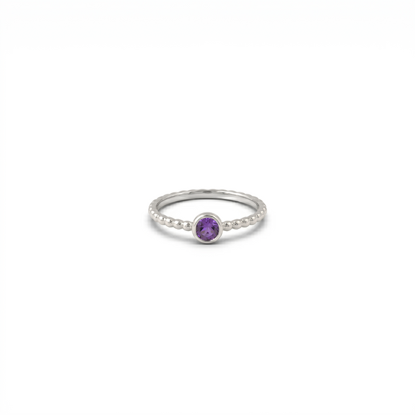 Dainty Amethyst Solitaire Ring with Beaded Band – February Birthstone Jewelry