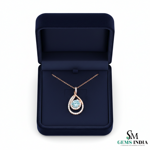 Classic Round Aquamarine Diamond Swirl Teardrop Pendant