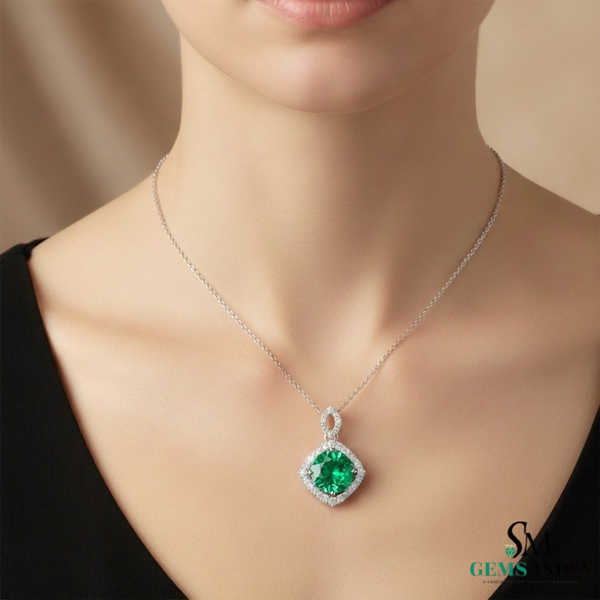 Round Emerald and Diamond Halo Pendant in 18K Gold May Birthstone Jewelry
