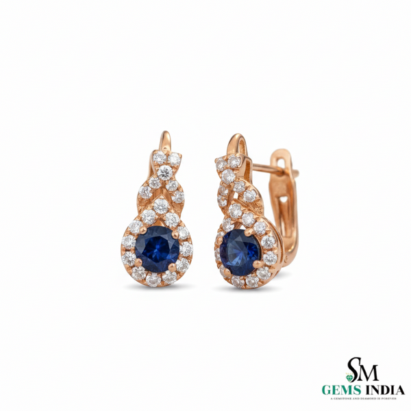 Round Blue Sapphire & Diamond Cluster Stud Earrings in 18k Gold – Vintage Halo Style (Copy)