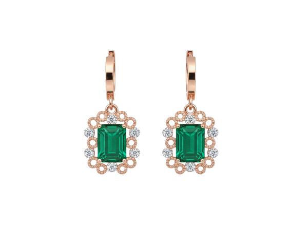 Gold Drop Earrings with Emerald cut Natural Green Stone &amp; Sparkling Halo
