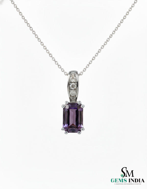 February Birthstone Emerald Cut Amethyst Diamond Pendant