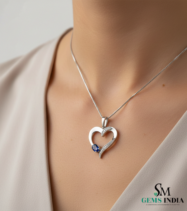 Oval shape Blue Sapphire & Diamond Heart Pendant - Fine Gold Jewelry