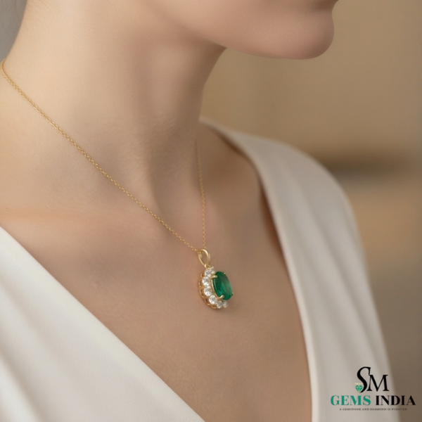Elegant Oval Emerald & Diamond Half-Halo Pendant Anniversary gift for her