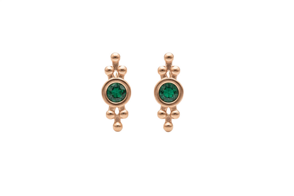 Boho Round Natural Emerald Stud Earrings in 14k Gold Vintage Beaded Design