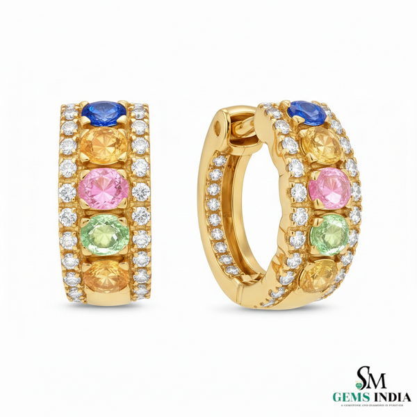 Rainbow Oval shape Multi Gemstone & Diamond Huggie Hoop Earrings