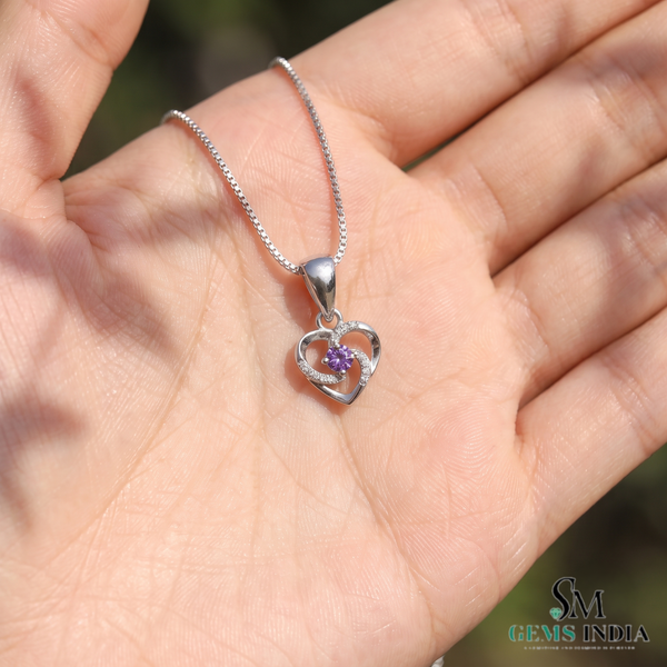 Natural Round Amethyst Heart Pendant With Diamond Accent - Romantic Jewelry Gift for Her