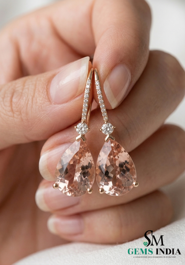 Classic Pear Cut Morganite Dangle Earrings with Diamond Accent