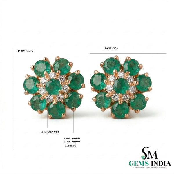 Luxury Round Emerald Cluster Stud Earrings – Diamond Floral Fine Jewelry