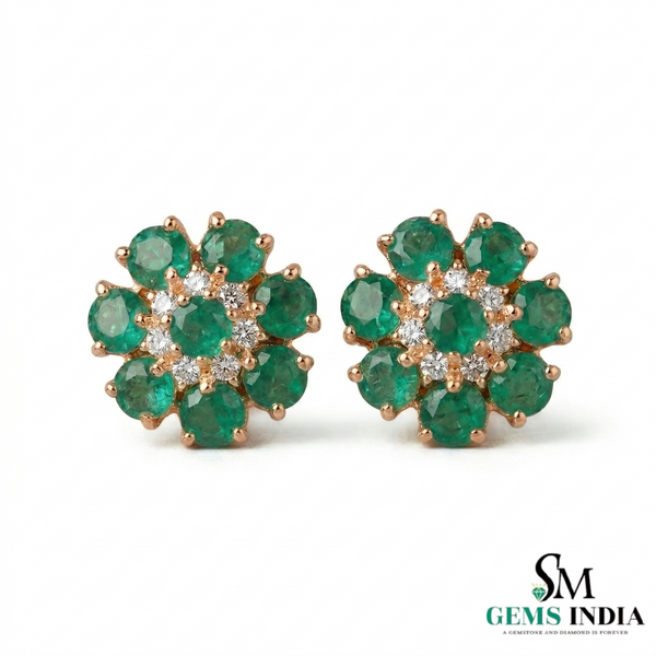 Luxury Round Emerald Cluster Stud Earrings – Diamond Floral Fine Jewelry