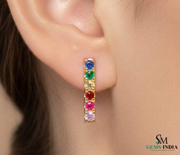 Multi Sapphire Vertical Bar Stud Earrings - Minimalist gemstone studs