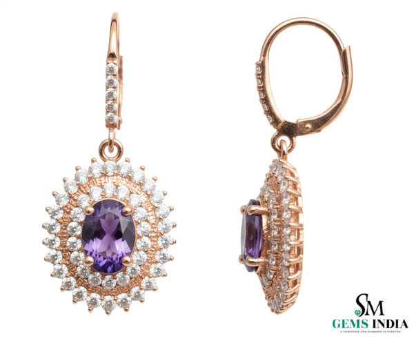 Elegant Oval Amethyst Drop Earrings with Diamond Halo in 14k and 18k Gold