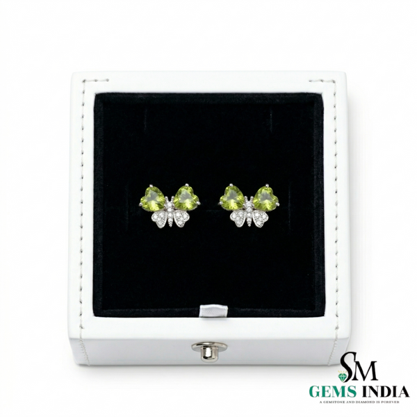 Green Peridot Heart Shape Earrings with Diamond Accent – Elegant Stud Earrings