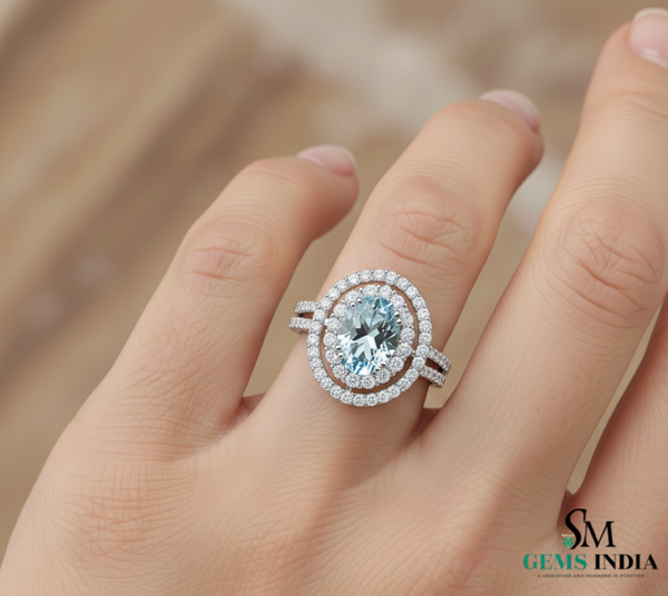 Oval Cut Aquamarine Diamond Ring with Split Shank - Promise Ring