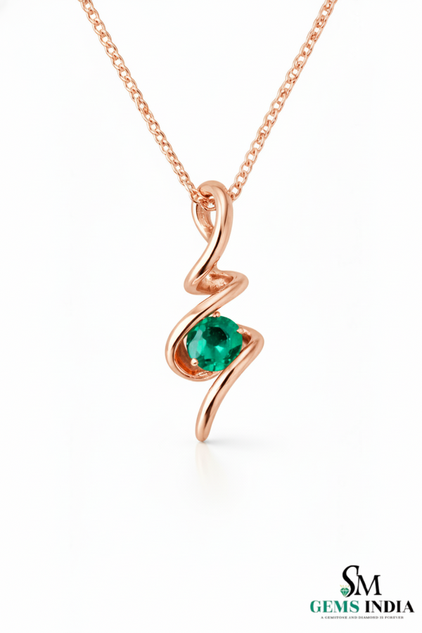 Natural Emerald Round Stone Curved Twist Pendant - Green Gemstone Jewelry