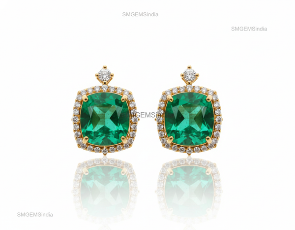 Cushion Cut Natural Emerald Halo Stud Earrings in 14K Gold Green Gemstone Gift for her&nbsp;