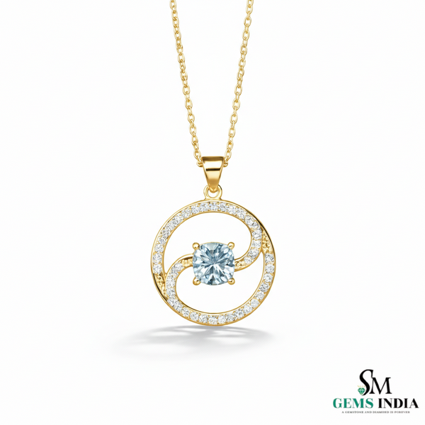 Cushion Cut Aquamarine Diamond Swirl Circle Pendant For Woman