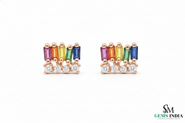 Multi Color Sapphire Baguette Stud Earrings with Diamond Accent