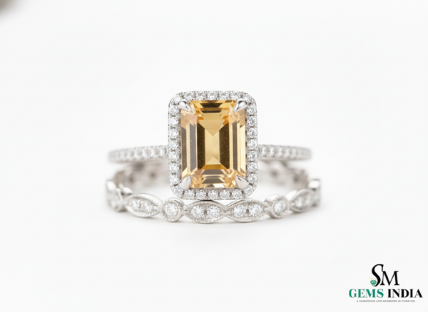 Luxury Emerald Cut Double Band Citrine Ring with Diamond Halo