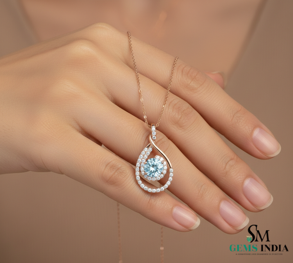 Classic Round Aquamarine Diamond Swirl Teardrop Pendant