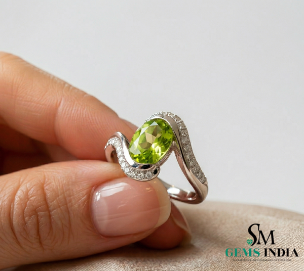 Oval Green Peridot Twist Ring with Diamond Accents - Peridot engagement ring
