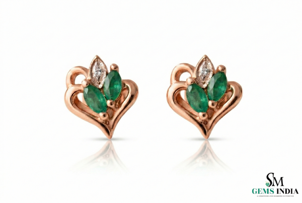 Marquise Emerald Heart Shaped Gold Stud Earrings