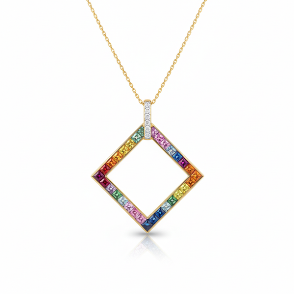 Rainbow Square Pendant in 18k Gold Multicolor Gemstone Charm