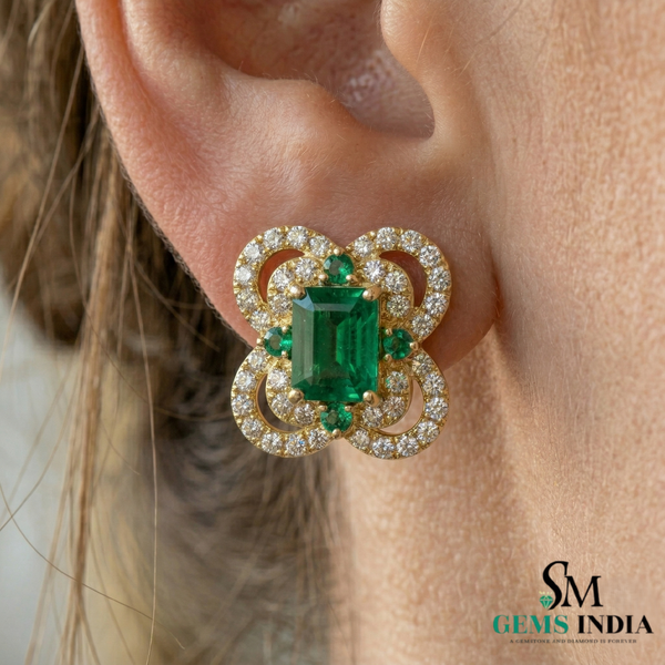 Designer Emerald cut Emerald and Round Emerald& Diamond Statement Stud Earrings