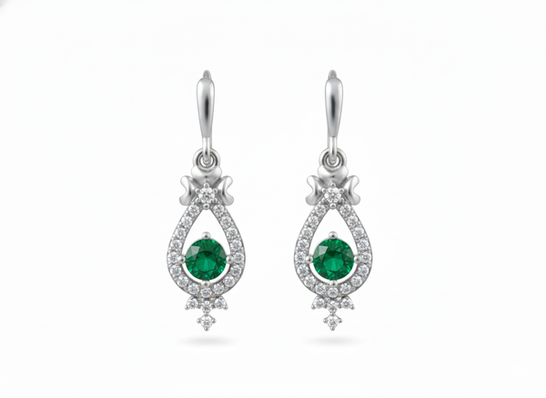 2 carat Round Natural Emerald Drop Earrings for Women Antique Gold Diamond Halo