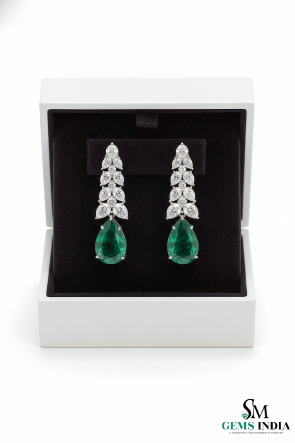 Pear Shape Emerald & Diamond Drop Earrings - Luxury Bridal Jewelry