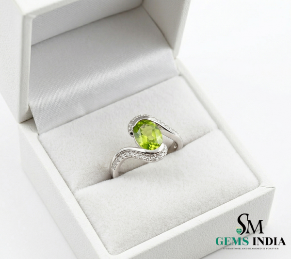 Oval Green Peridot Twist Ring with Diamond Accents - Peridot engagement ring