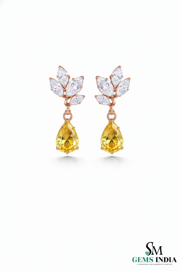 Pear Cut Yellow Citrine Drop Earrings with Leaf Moissanite - Elegant Gold Jewelry Gift