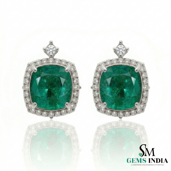 Cushion Cut Natural Emerald Halo Stud Earrings in 14K Gold Green Gemstone Gift for her
