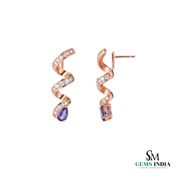 Pear Cut Blue Tanzanite & Diamond Spiral Drop Earrings in 14k and 18kk Gold