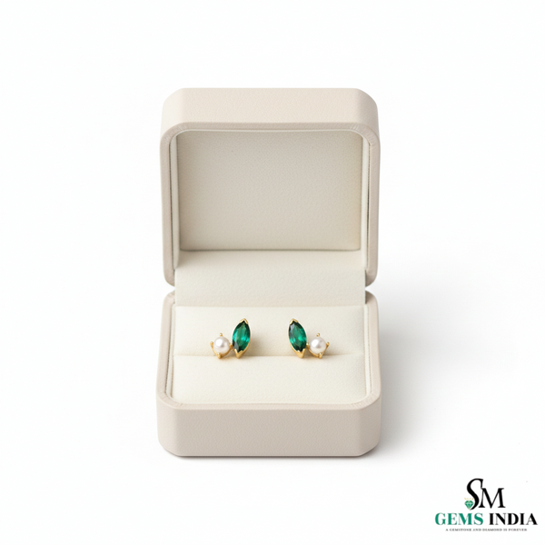 Marquise Cut Emerald & Pearl Stud Earrings – Green Gemstone Minimalist Fine Jewelry