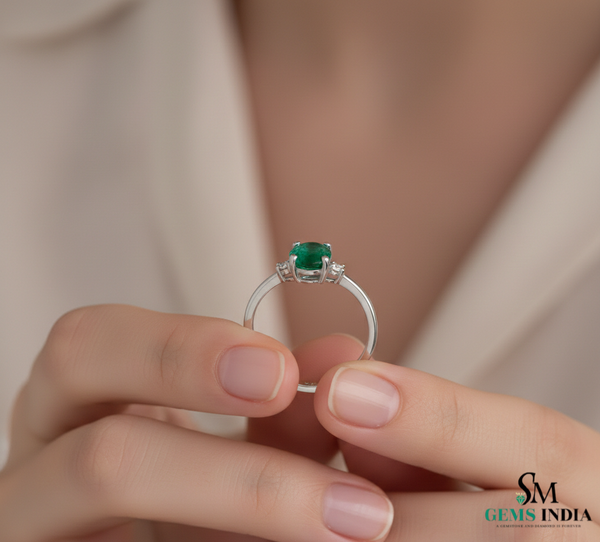 Doppelter Smaragd-Ring in offenem Design aus 14 Karat Gold – Band mit quadratisch und rund geschliffenen grünen Edelsteinen