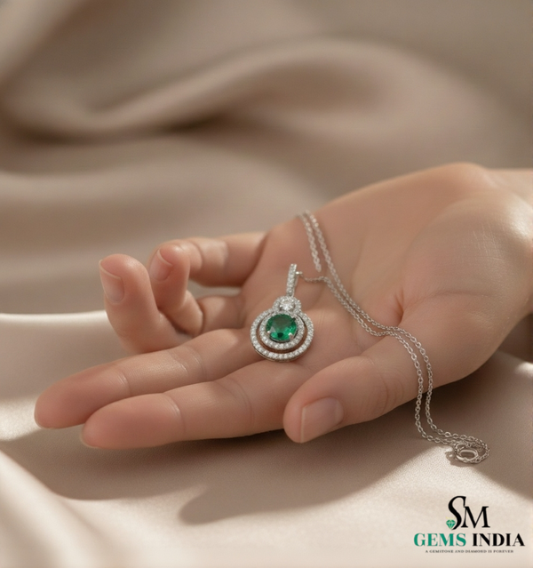 Eternal Round Natural Emerald Circle Pendant Double Halo Gold Pendant