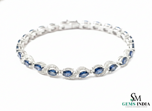 Elegant Oval Blue Sapphire and Diamond Tennis Bracelet - Gift For her